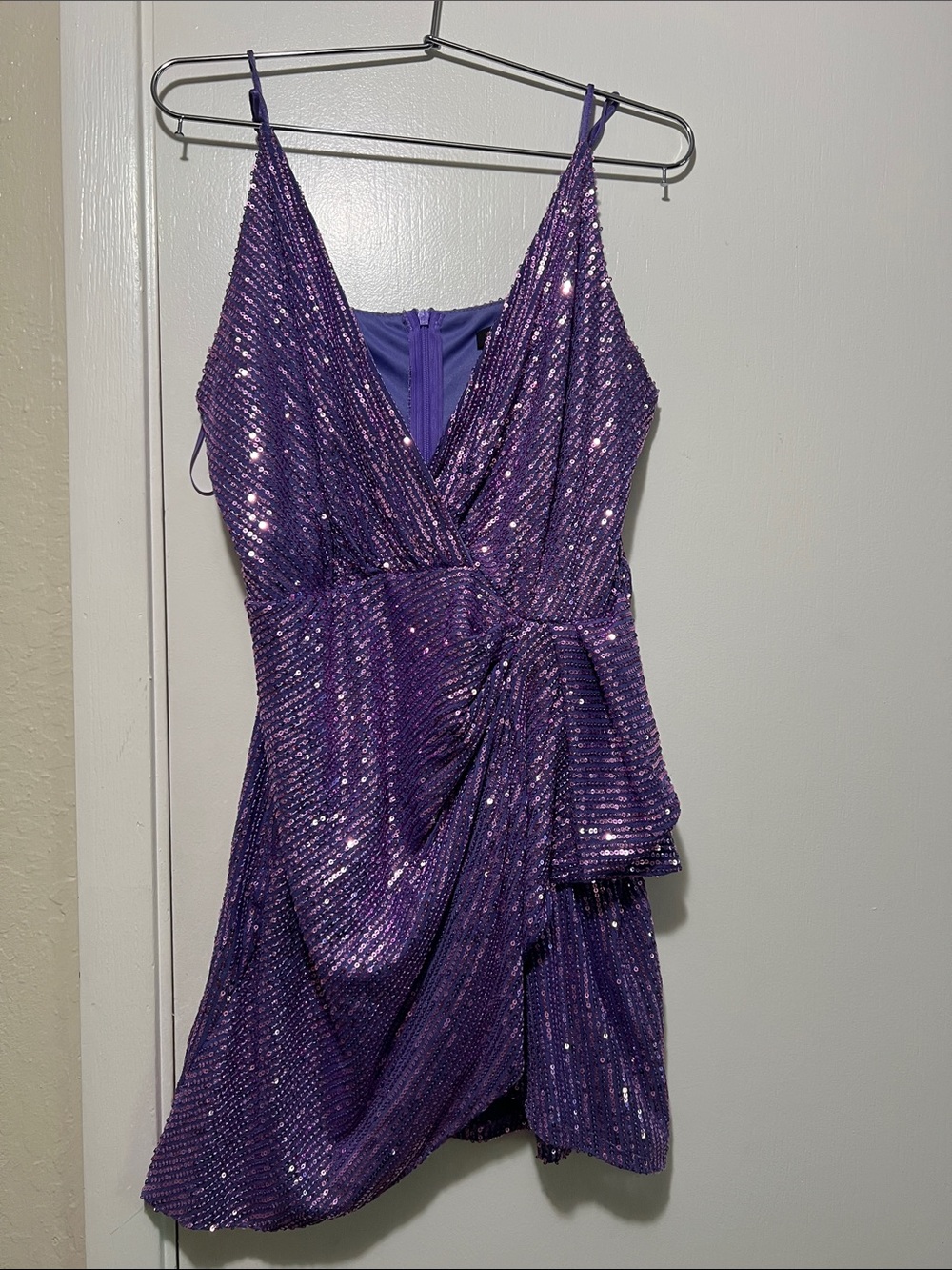 Purple Sequin Wrap Mini Dress